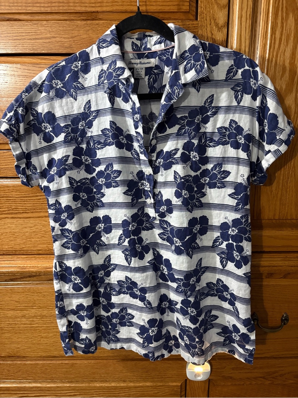 Tommy Bahama Navy Floral Stripe Short Sleeve Button Front Top